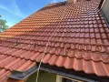 Na dachu z dachówki widać sporo zielonego mchu, który porasta niektóre fragmenty. Widać też metalową drabinkę.