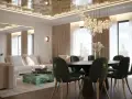 Luksusowy salon z zielonymi krzesłami i sofą. Złoty, wzorzysty sufit napinany dodaje elegancji, choć jego wady mogą być widoczne z czasem.