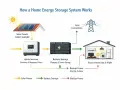 Schemat działania domowego magazynu energii. Jak długo wystarczy magazyn energii 10kw? System obejmuje panele słoneczne, falownik hybrydowy, magazyn bateryjny i zasilanie domu.