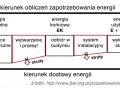 Schemat przedstawia charakterystykę energetyczną budynku, pokazując przepływ energii od surowców do wykorzystania, z uwzględnieniem strat.