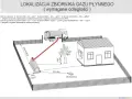 Schemat lokalizacji zbiornika gazu płynnego, pokazujący wymagane odległości od budynku i studzienki. Odległość budynku od gazociągu średniego ciśnienia jest kluczowa.