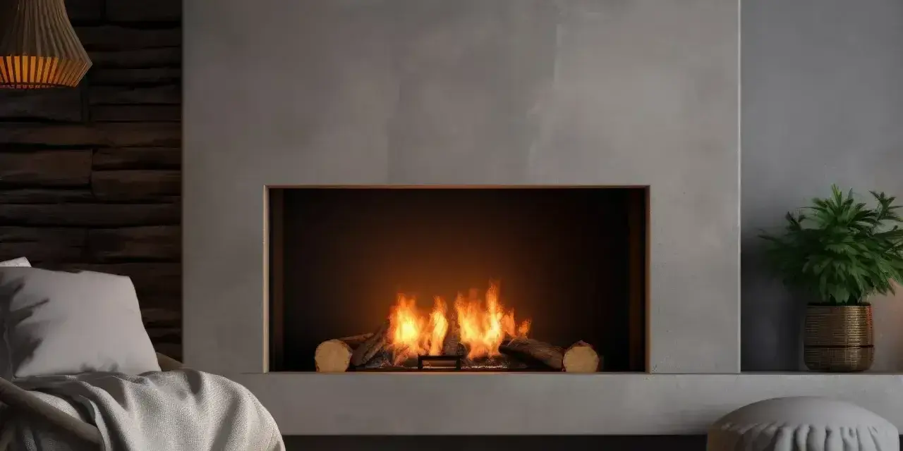 Nowoczesny kominek z palącym się ogniem, obudowany betonem. Inspiracja, jak obudować kominek, by stworzyć przytulną atmosferę.