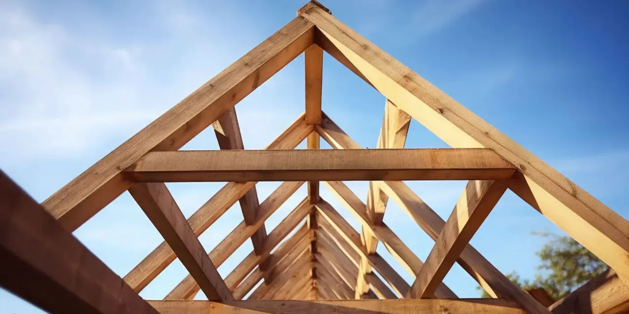 Drewniana więźba dachowa dwuspadowa tworzy geometryczny wzór na tle błękitnego nieba.