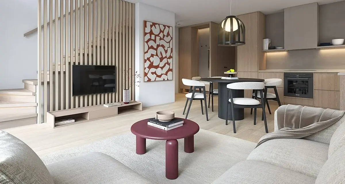 Nowoczesne wnętrze domu 70m2: salon z TV, jadalnia i kuchnia. Drewniane elementy, jasne kolory, minimalistyczny styl.