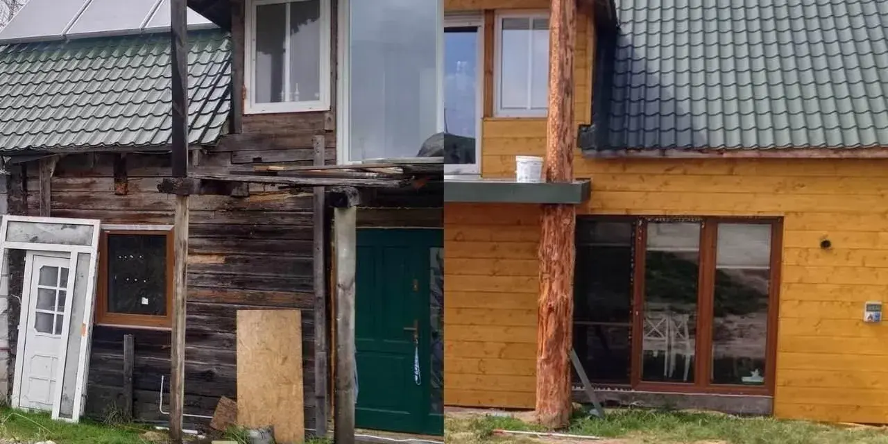 Spektakularna metamorfoza starego domu: od rozpadającej się chaty do przytulnego drewnianego domu.