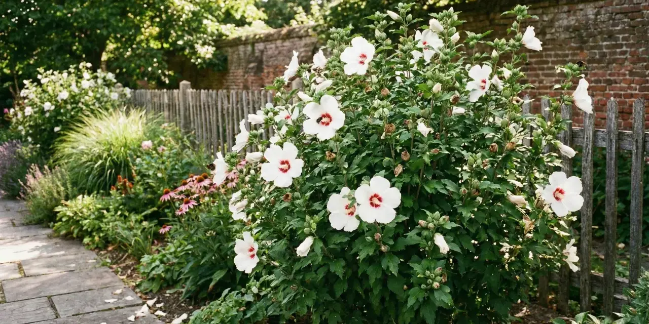 Białe kwiaty hibiskusa odmiany do ogrodu kwitną obficie przy drewnianym płocie. Pszczoły zbierają nektar.