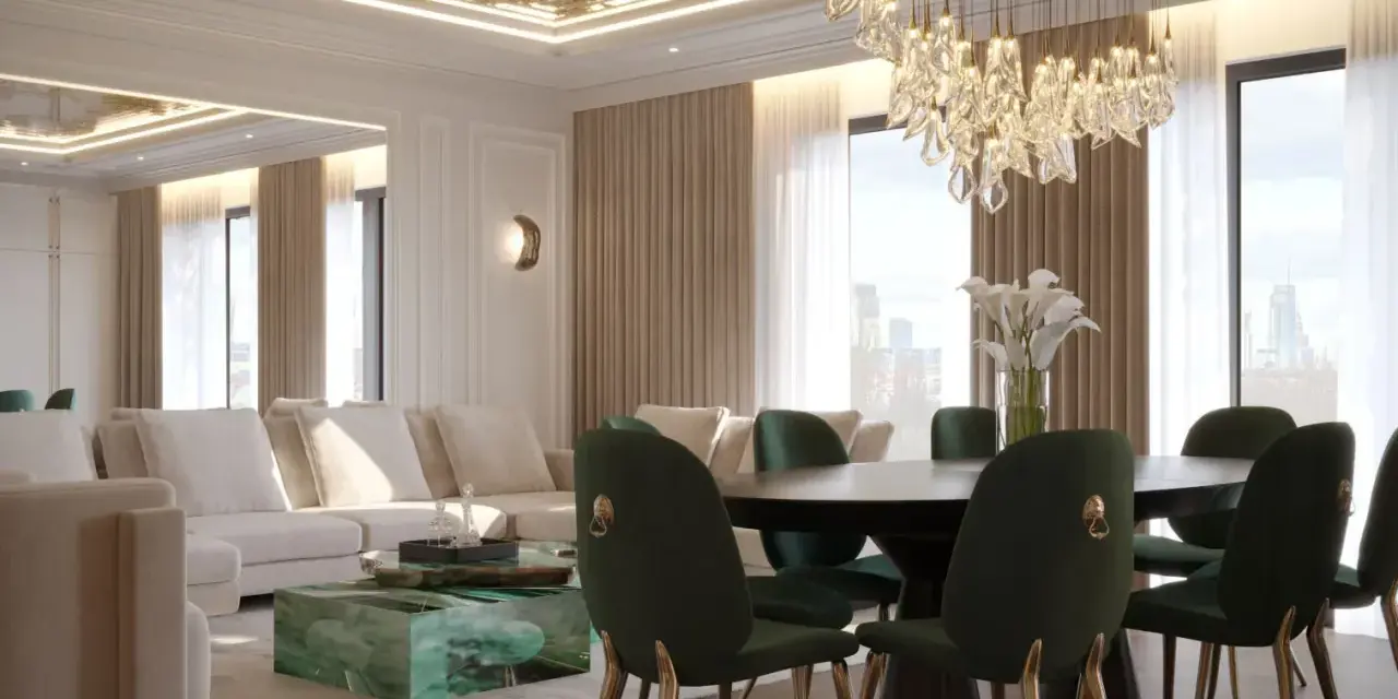 Luksusowy salon z zielonymi krzesłami i sofą. Złoty, wzorzysty sufit napinany dodaje elegancji, choć jego wady mogą być widoczne z czasem.