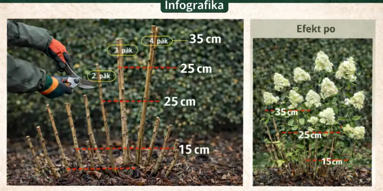 Przycinanie hortensji na pniu. Pokazano, jak przyciąć pędy do 15-35 cm nad ziemią, by uzyskać bujne kwitnienie.