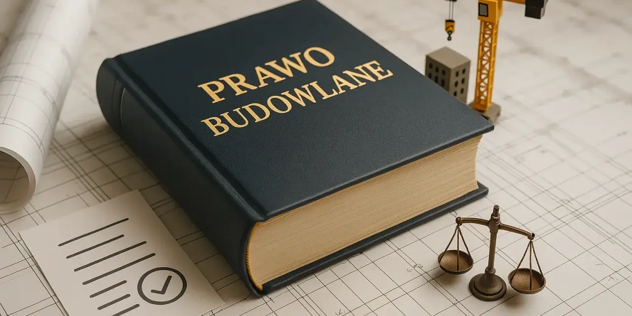 Księga "Prawo Budowlane" obok wagi sprawiedliwości i makiety dźwigu symbolizuje nowelizację prawa budowlanego.