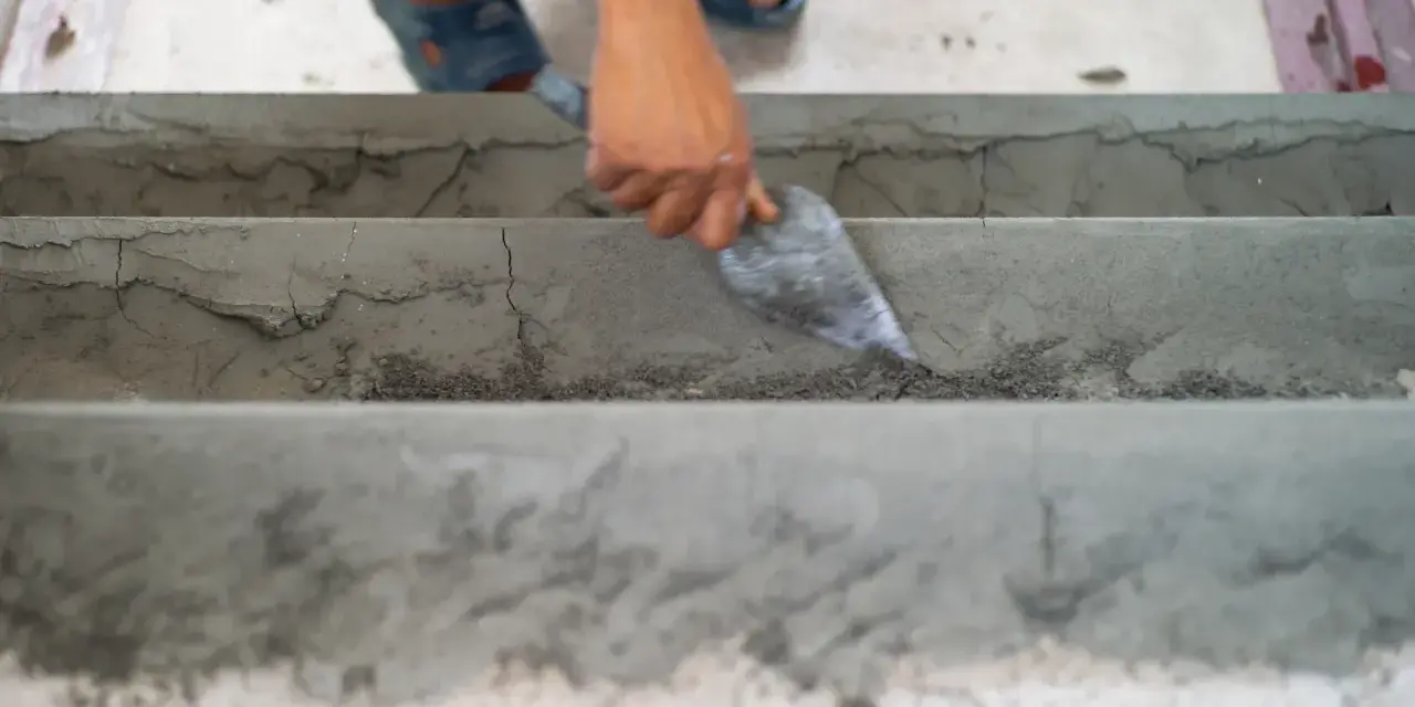 Ręka z kielnią wyrównuje betonowe schody wewnętrzne. To dobry sposób, czym wyrównać schody betonowe wewnętrzne.