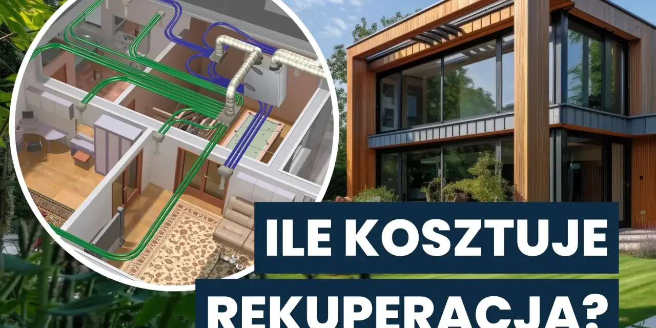 Nowoczesny dom z zielenią i schematem wentylacji mechanicznej z odzyskiem ciepła. Rekuperacja w domu.