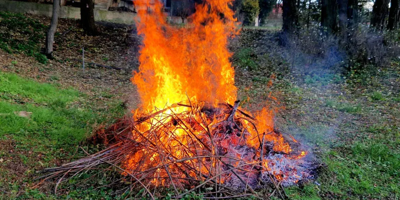 Płonące ognisko z gałęzi na wsi. Czy można palić gałęzie na wsi? Tak, jeśli jest to bezpieczne i zgodne z przepisami.