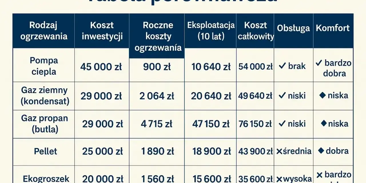 Tabela porównawcza: jakie ogrzewanie do domu? Koszty inwestycji, roczne, eksploatacji i całkowite dla pompy ciepła, gazu, pelletu i ekogroszku.