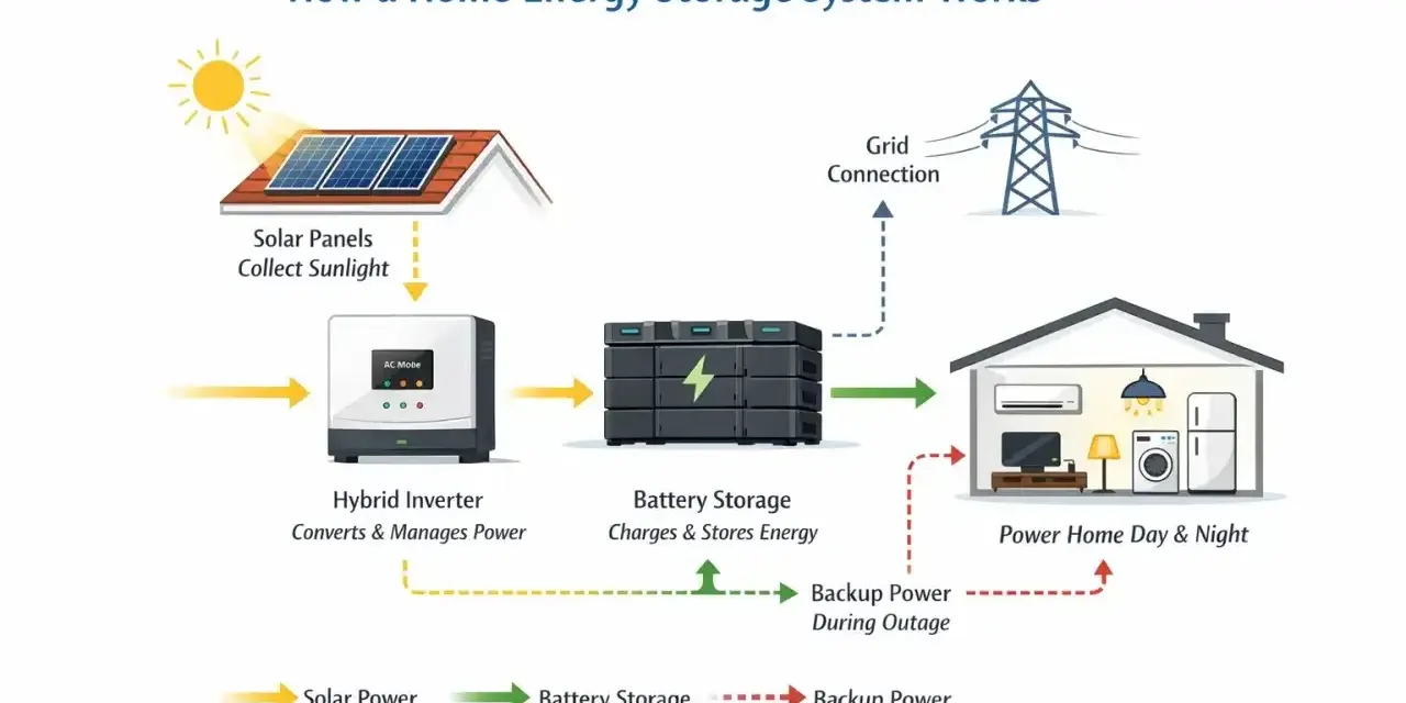 Schemat działania domowego magazynu energii. Jak długo wystarczy magazyn energii 10kw? System obejmuje panele słoneczne, falownik hybrydowy, magazyn bateryjny i zasilanie domu.