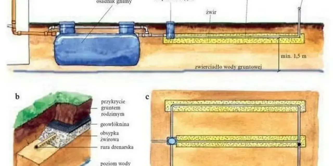 Schemat odpowietrzenia szamba: osadnik gnilny, studzienka rozprowadzająca, rury drenażowe ze żwirem, kominek napowietrzający. Widok przekroju i planu drenażu.