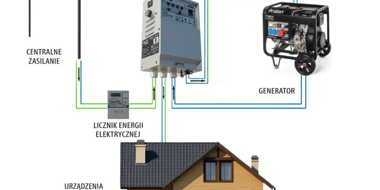 Schemat pokazuje, jak podłączyć agregat prądotwórczy do instalacji domowej. Centralne zasilanie, licznik energii, system ATS i generator współpracują, by zasilać urządzenia w domu.