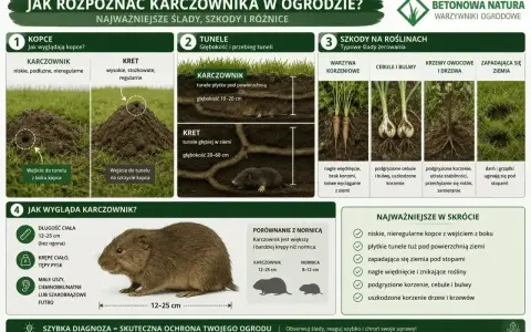 Karczownik w ogrodzie: niskie kopce, płytkie tunele, podgryzione korzenie warzyw i drzew. Zwierzę ma krępe ciało, tępy pysk i małe uszy.