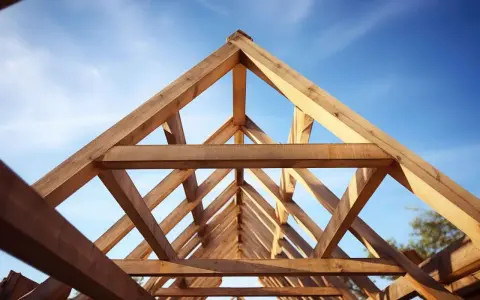 Drewniana więźba dachowa dwuspadowa tworzy geometryczny wzór na tle błękitnego nieba.