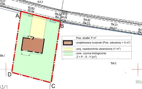 Wypełniony wniosek o warunki zabudowy z zaznaczonym projektowanym budynkiem i terenami zielonymi na mapie działki.