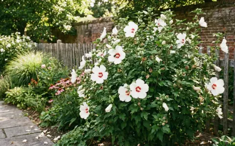 Białe kwiaty hibiskusa odmiany do ogrodu kwitną obficie przy drewnianym płocie. Pszczoły zbierają nektar.