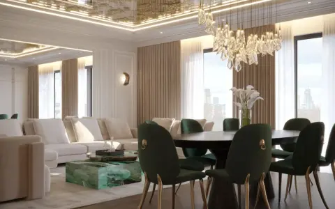 Luksusowy salon z zielonymi krzesłami i sofą. Złoty, wzorzysty sufit napinany dodaje elegancji, choć jego wady mogą być widoczne z czasem.