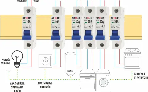 Schemat pokazuje, jakie bezpieczniki do domu są potrzebne: 10A do oświetlenia, 16A do gniazd, 20A do urządzeń jak zmywarka, pralka, kocioł, i 32A do kuchenki elektrycznej.