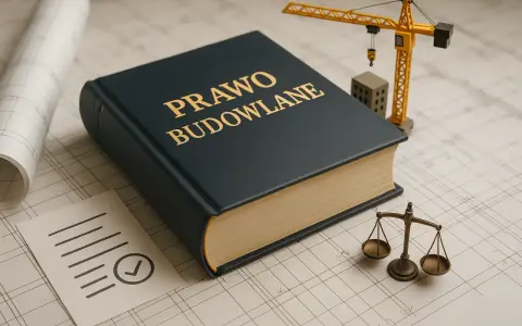 Księga "Prawo Budowlane" obok wagi sprawiedliwości i makiety dźwigu symbolizuje nowelizację prawa budowlanego.