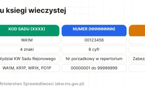 Format numeru księgi wieczystej: kod sądu (WA1M), numer (00123456) i cyfra kontrolna (7). Przykład numeru księgi wieczystej.