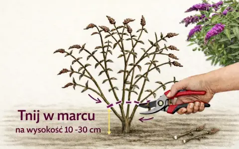 Budleja przycinanie kiedy? W marcu, na wysokość 10-30 cm. Sekatorem tniemy pędy, by roślina pięknie kwitła.