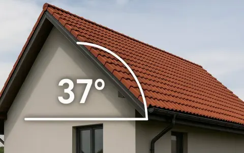 Jak obliczyć kąt nachylenia dachu? Na elewacji domu widoczny jest kąt 37 stopni, wskazujący na nachylenie czerwonego dachu.