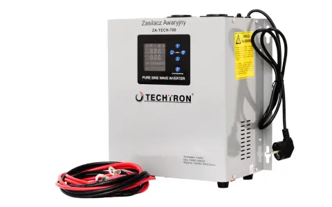 Szary ups zasilanie awaryjne Techtron ZA-TECH-700 z wyświetlaczem cyfrowym i kablami.