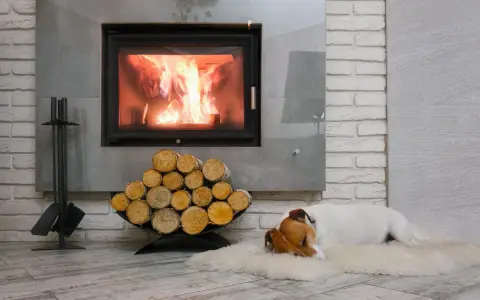 Pies śpi przy kominku z płonącym ogniem. Obok stos drewna i akcesoria. Dowiedz się, jak zrobić płaszcz wodny do kominka.