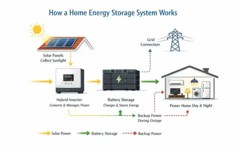 Schemat działania domowego magazynu energii. Jak długo wystarczy magazyn energii 10kw? System obejmuje panele słoneczne, falownik hybrydowy, magazyn bateryjny i zasilanie domu.