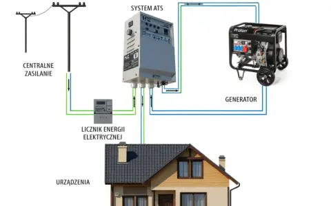 Schemat pokazuje, jak podłączyć agregat prądotwórczy do instalacji domowej. Centralne zasilanie, licznik energii, system ATS i generator współpracują, by zasilać urządzenia w domu.