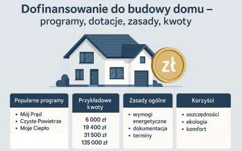 Dofinansowanie do budowy domu: popularne programy, przykładowe kwoty, zasady i korzyści. Złoty symbol sugeruje wsparcie finansowe.