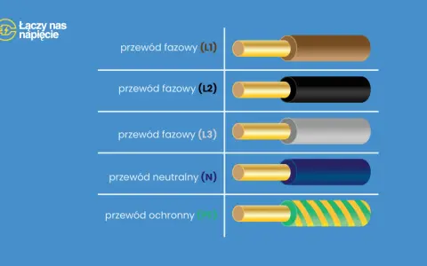 Oznaczenia przewodów elektrycznych: fazowy (L1, L2, L3) brązowy, czarny, szary; neutralny (N) niebieski; ochronny (PE) żółto-zielony.