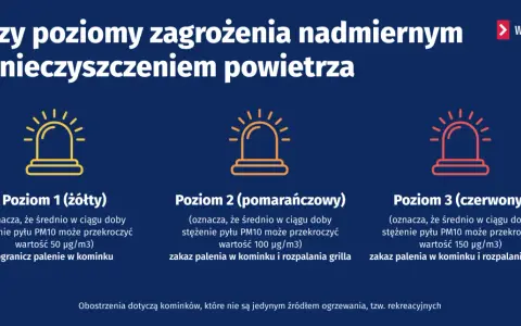 Poziomy zagrożenia smogiem: żółty (ogranicz palenie w kominku), pomarańczowy i czerwony (zakaz palenia w kominku).