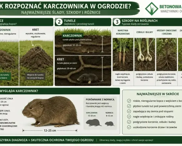 Karczownik w ogrodzie: niskie kopce, płytkie tunele, podgryzione korzenie warzyw i drzew. Zwierzę ma krępe ciało, tępy pysk i małe uszy.