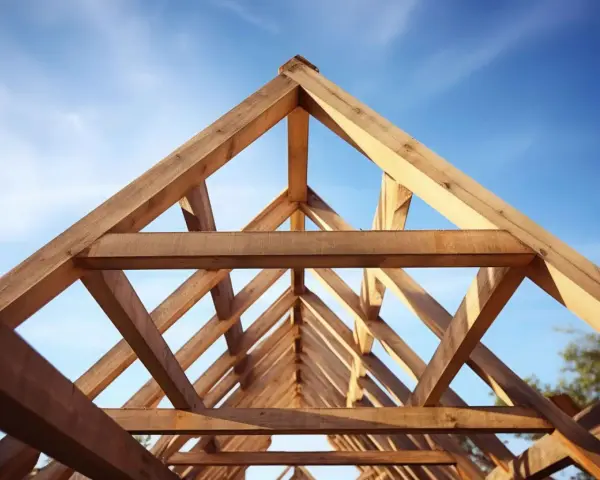 Drewniana więźba dachowa dwuspadowa tworzy geometryczny wzór na tle błękitnego nieba.