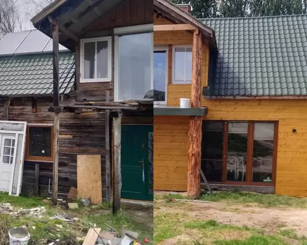 Spektakularna metamorfoza starego domu: od rozpadającej się chaty do przytulnego drewnianego domu.