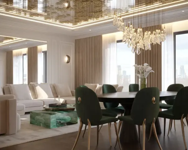 Luksusowy salon z zielonymi krzesłami i sofą. Złoty, wzorzysty sufit napinany dodaje elegancji, choć jego wady mogą być widoczne z czasem.