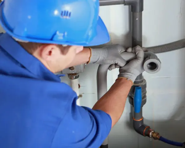 Instalator montuje odpowietrzenie kanału sanitarnego w domu parterowym.