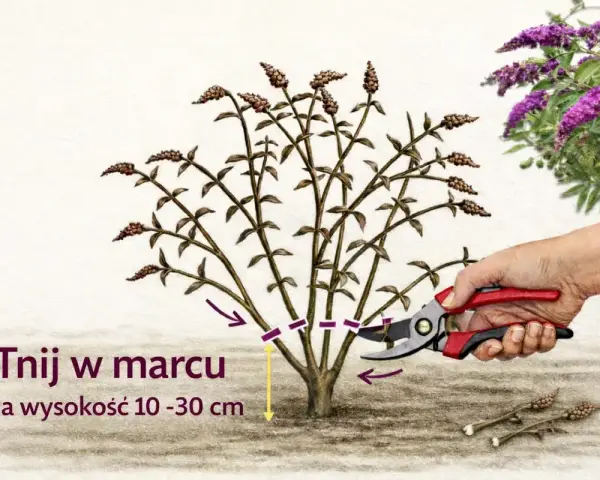 Budleja przycinanie kiedy? W marcu, na wysokość 10-30 cm. Sekatorem tniemy pędy, by roślina pięknie kwitła.