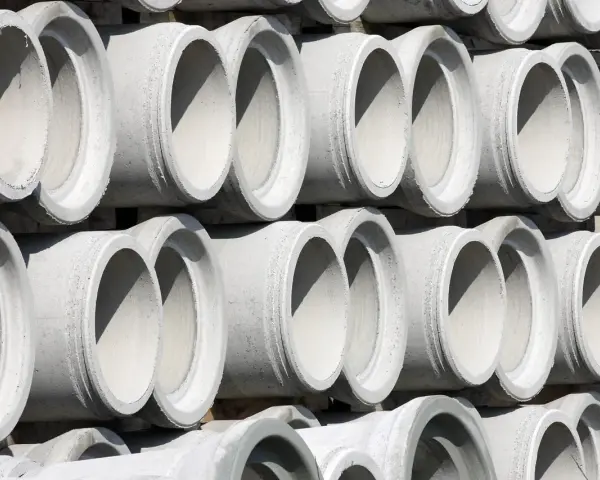 Stos betonu, rury kanalizacyjne 160 mm, gotowe do montażu z zachowaniem minimalny spadek dla rury 160.