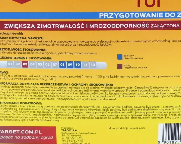 Nawóz jesienny do iglaków i tui. Zwiększa zimotrwałość i mrozoodporność. Idealny nawóz pod tuje na wiosnę, by zapewnić im zdrowie.