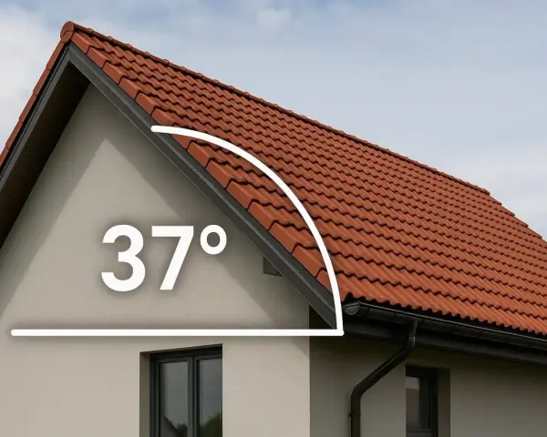 Jak obliczyć kąt nachylenia dachu? Na elewacji domu widoczny jest kąt 37 stopni, wskazujący na nachylenie czerwonego dachu.