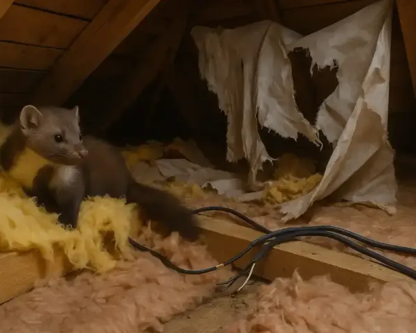 Mała kuna w domu, ukryta w izolacji poddasza, wśród poszarpanego materiału i kabli.
