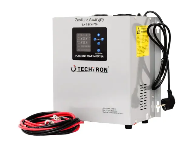 Szary ups zasilanie awaryjne Techtron ZA-TECH-700 z wyświetlaczem cyfrowym i kablami.