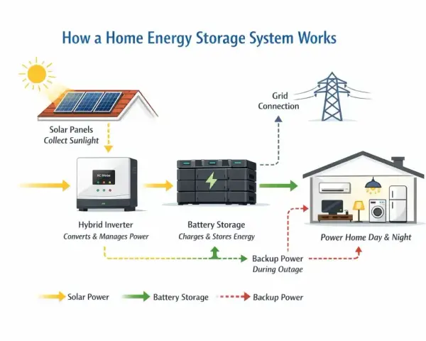 Schemat działania domowego magazynu energii. Jak długo wystarczy magazyn energii 10kw? System obejmuje panele słoneczne, falownik hybrydowy, magazyn bateryjny i zasilanie domu.
