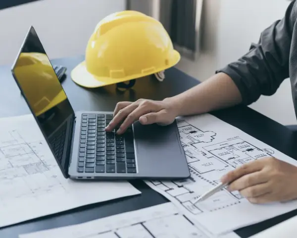 Architekt analizuje plany, porównując powierzchnię użytkową z całkowitą. Na biurku leży żółty kask i laptop.
